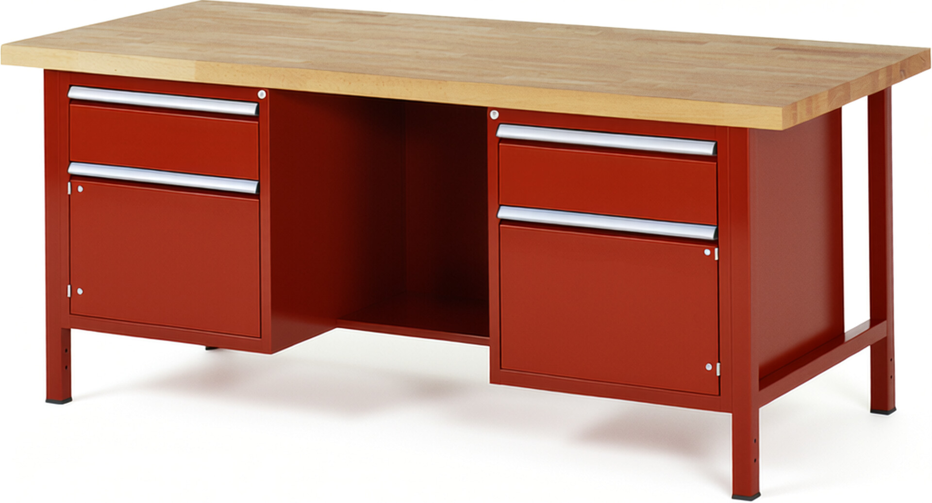 Werkbank Modell 8551 rot, BxTxH 2000x900x840 mm,  Buche-Massiv Arbeitsplatte 40 mm,  2 Schubladen mit  Vollauszug 100 % und  SoftClosing