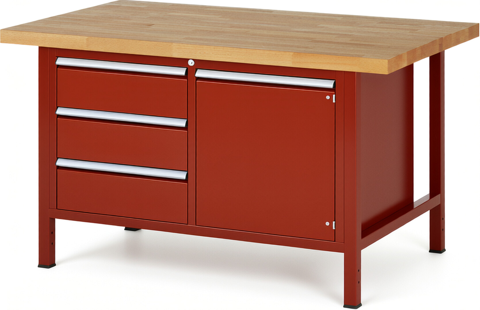 Werkbank Modell 8468 rot, BxTxH 1500x900x840-1040 mm,  Buche-Massiv Arbeitsplatte 40 mm,  3 Schubladen mit  Vollauszug 100 % und  SoftClosing