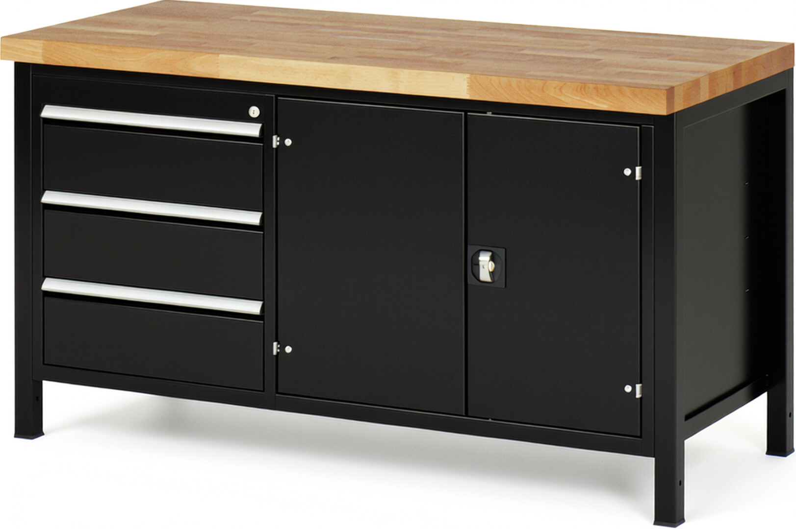 RAU Werkbank schwarz - Breite 150 cm - Tiefe 70 cm - Höhe 104 cm - Buche-Massiv Arbeitsplatte 40 mm