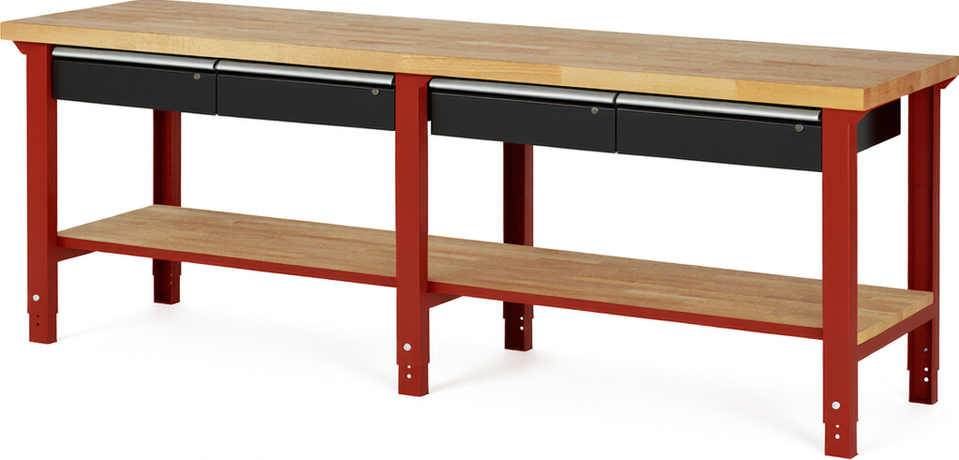 Werkbank Modell 7002 rot - schwarz, BxTxH 2500x700x790-1140 mm,  Buche-Massiv Arbeitsplatte 40 mm,  4 Schubladen mit  Auszug 90 %