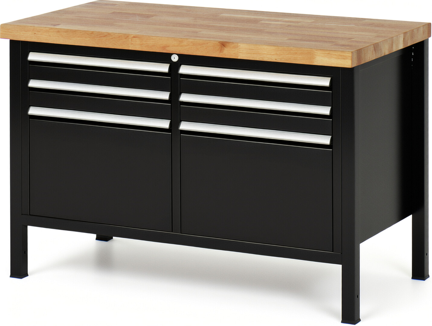 Werkbank Modell 8474 schwarz, BxTxH 1250x700x840-1040 mm,  Buche-Massiv Arbeitsplatte 40 mm,  6 Schubladen mit  Auszug 90 %