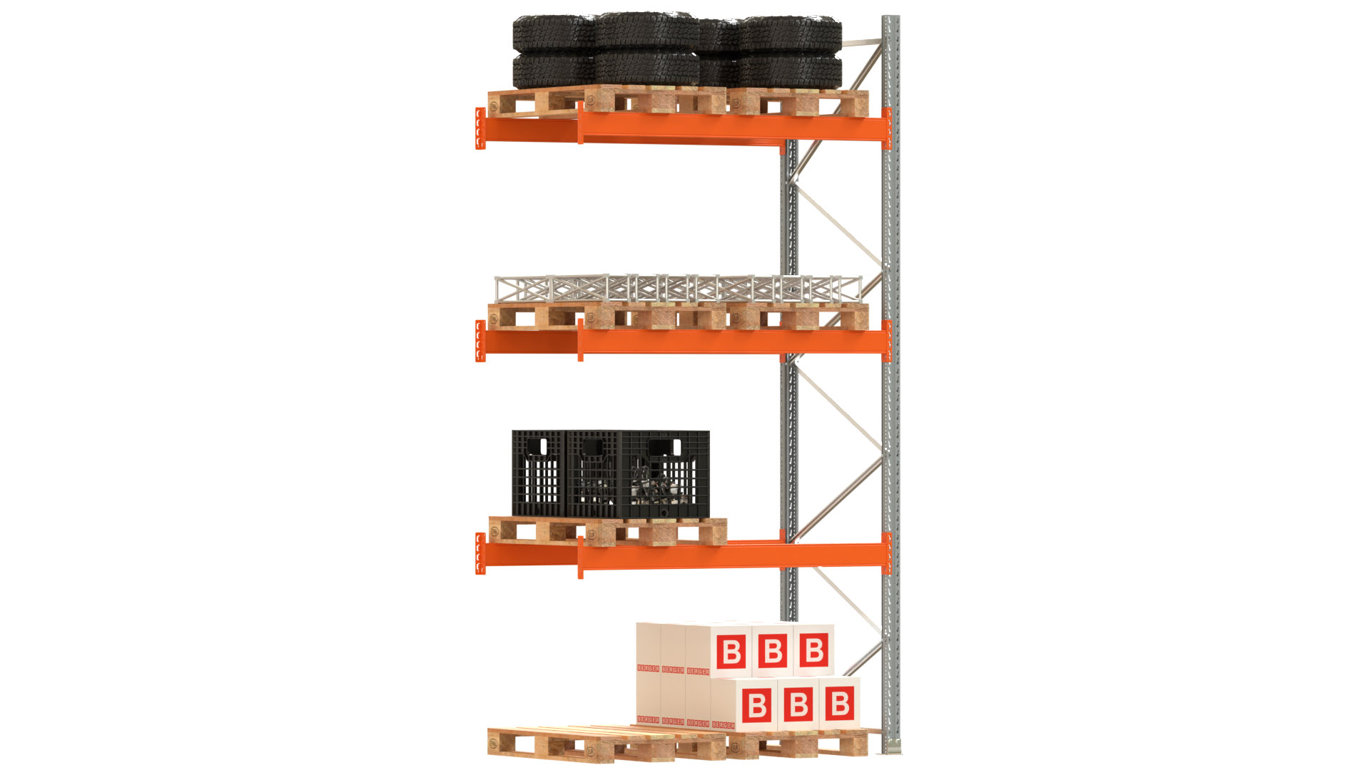 Palettenregal ARTUS - Anbaufeld - Breite 198,5 cm - Höhe 400 cm - Tiefe 110 cm - 3 Träger Ebenen