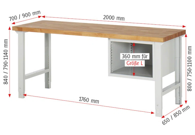 Werkbank Modell 7132 rot - schwarz, BxTxH 2000x700x790-1140 mm,  Buche-Massiv Arbeitsplatte 40 mm,  4 Schubladen mit  Auszug 90 %