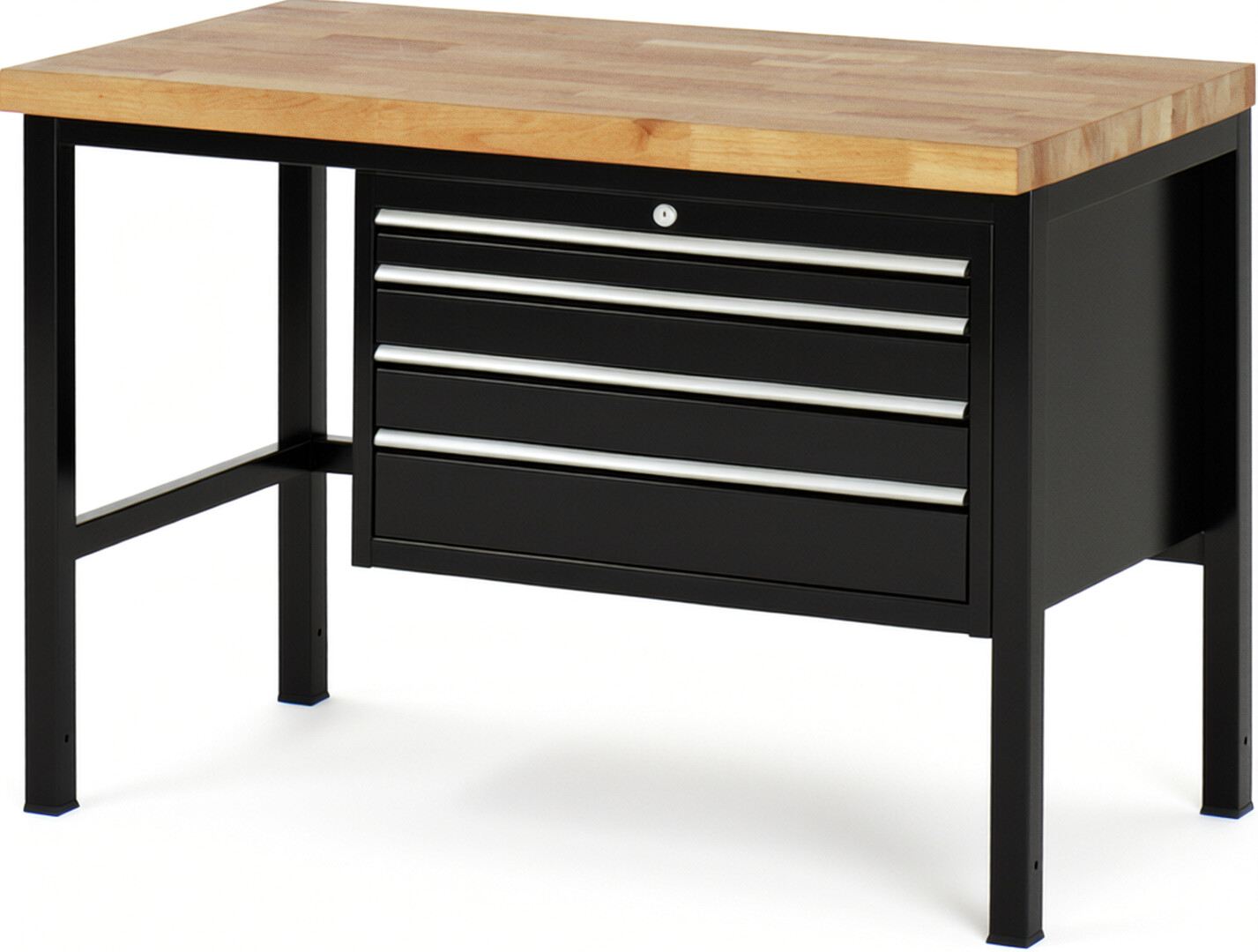 Werkbank Modell 8232 schwarz, BxTxH 1250x700x840 mm,  Buche-Massiv Arbeitsplatte 40 mm,  4 Schubladen mit  Vollauszug 100 % und  SoftClosing
