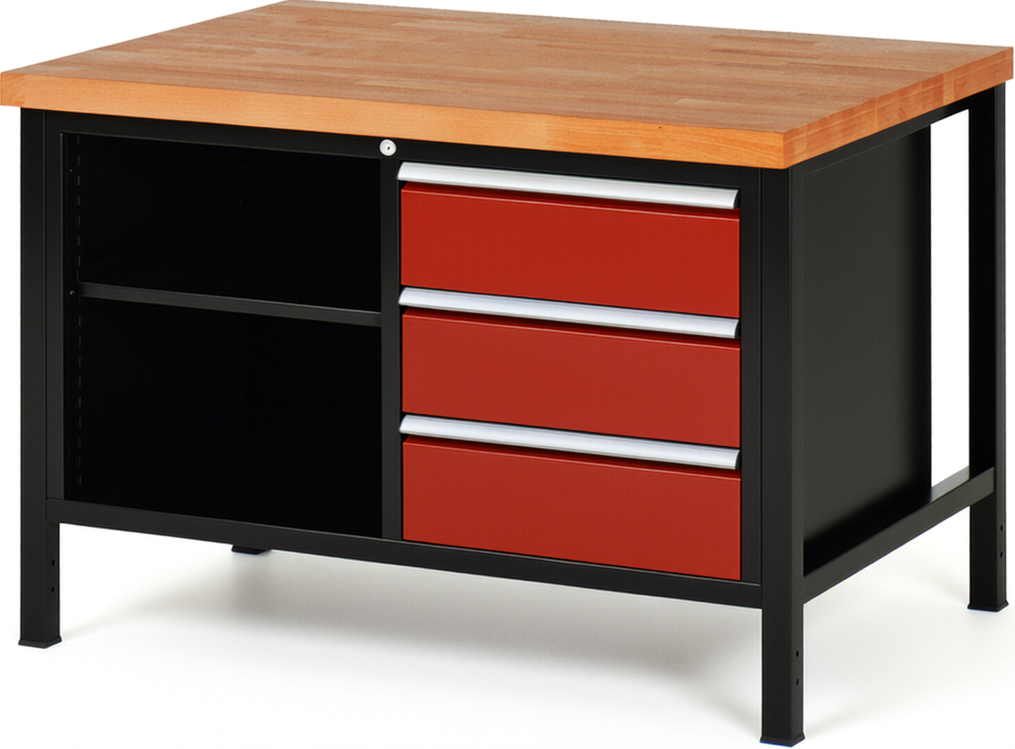 RAU Werkbank schwarz - rot - Breite 125 cm - Tiefe 90 cm - Höhe 104 cm - Buche-Massiv Arbeitsplatte 40 mm