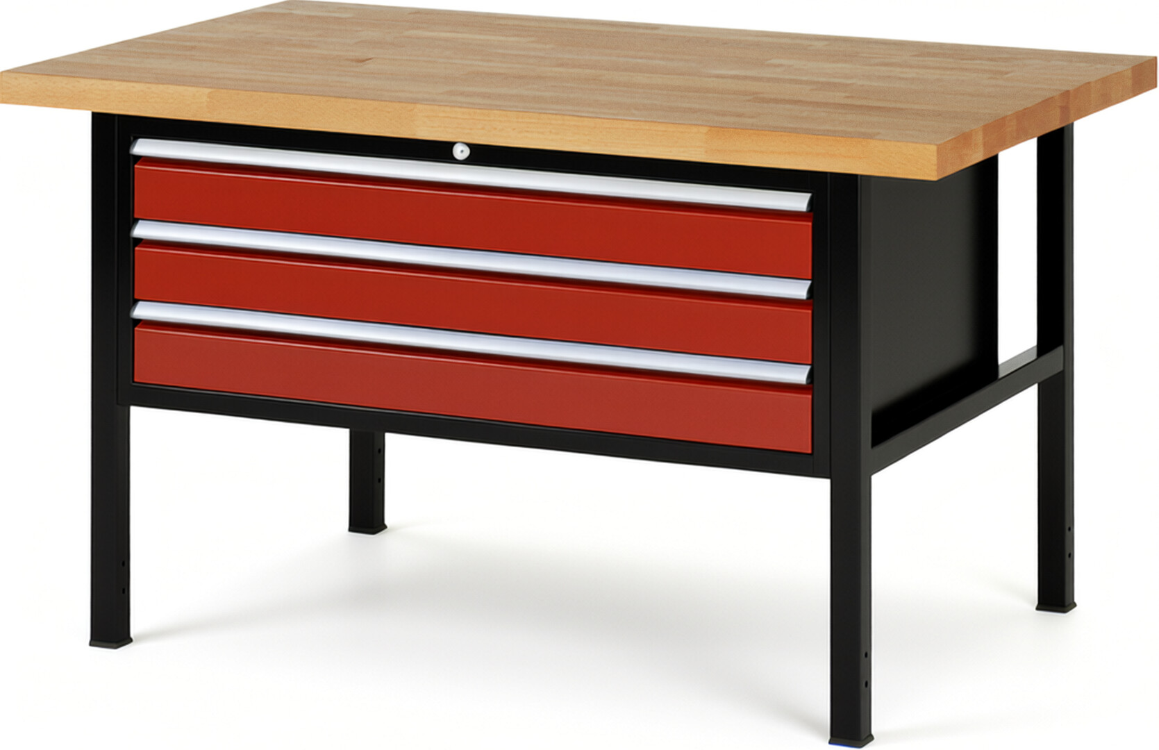 Werkbank Modell 8327 schwarz-rot, BxTxH 1500x900x840-1040 mm,  Buche-Massiv Arbeitsplatte 40 mm,  3 Schubladen mit  Auszug 90 %