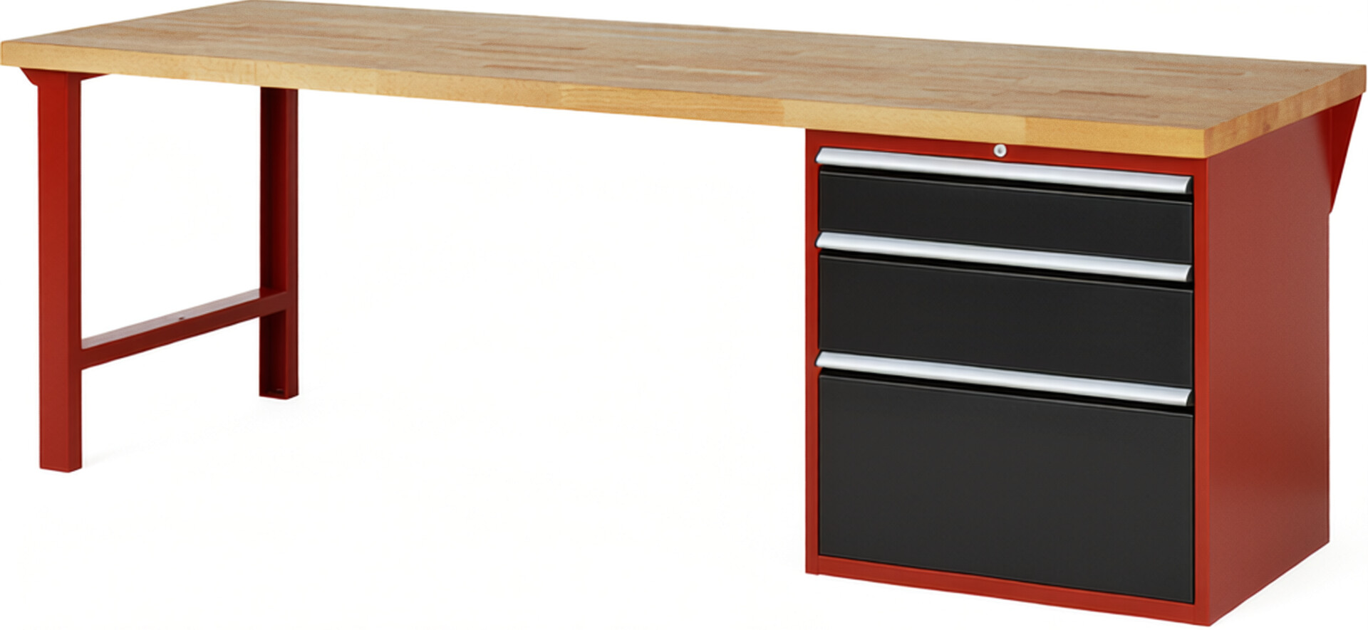 Werkbank Modell 7608 rot - schwarz, BxTxH 2500x900x890 mm,  Buche-Massiv Arbeitsplatte 40 mm,  3 Schubladen mit  Vollauszug 100 % und  SoftClosing