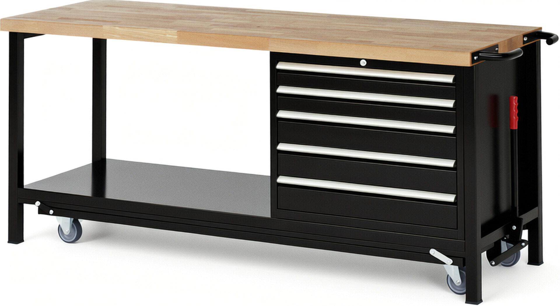 Absenkbare Werkbank Modell 8271 schwarz, BxTxH 2000x700x880 mm,  Buche-Massiv Arbeitsplatte 40 mm,  5 Schubladen mit  Auszug 90 %