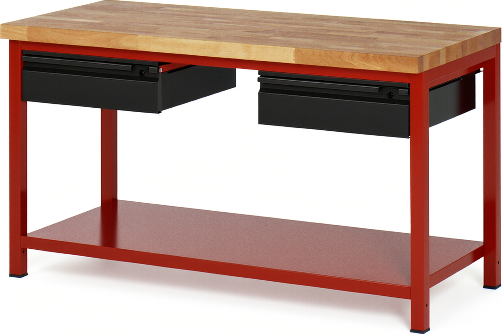 Werkbank - Modell 8002 BASIC rot - schwarz, BxTxH 1500x700x840-1040 mm,  Buche-Massiv Arbeitsplatte 40 mm,  2 Schubladen mit  Auszug 90 %