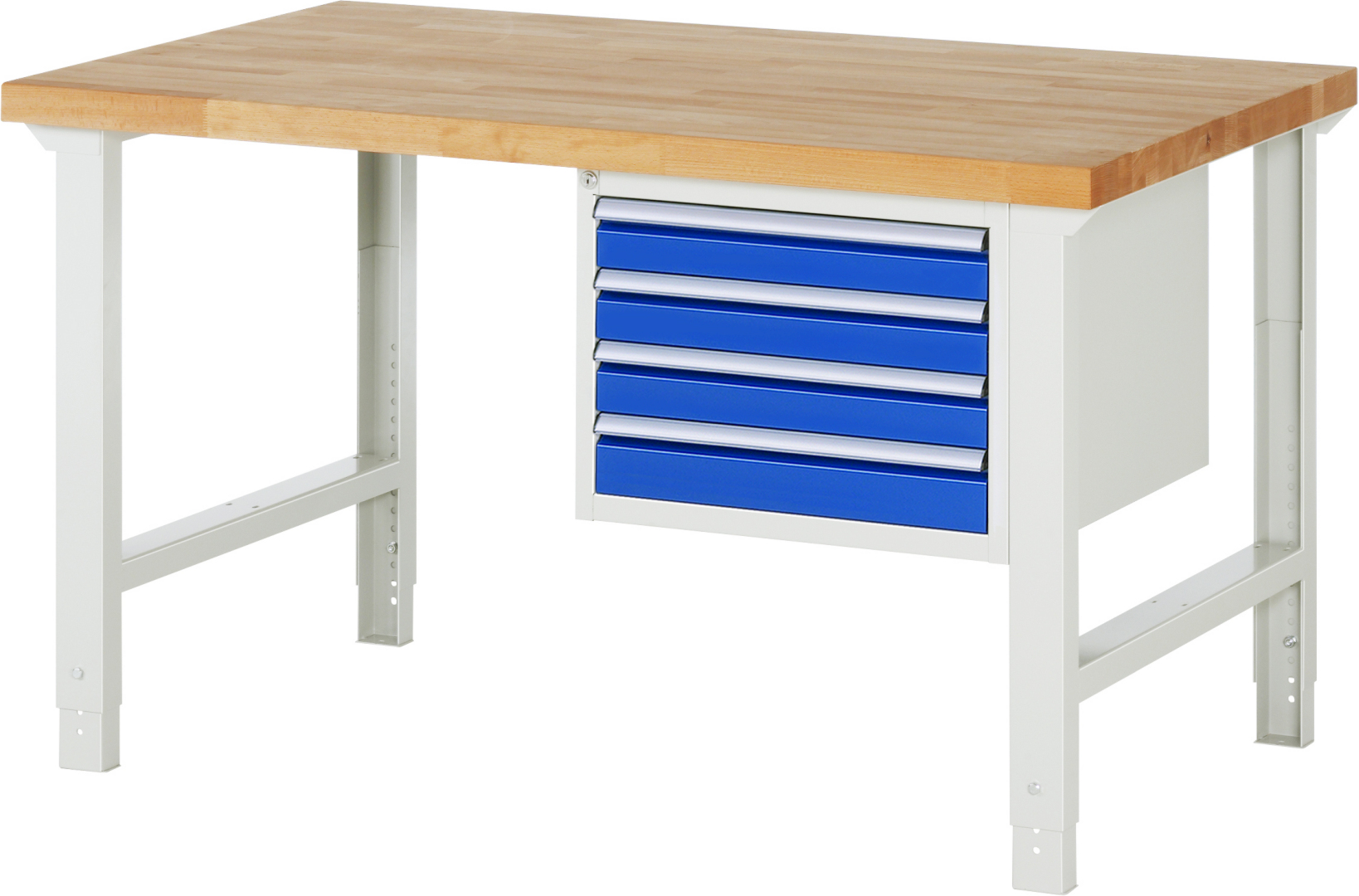 Werkbank Modell 7133,  BxTxH 1500x900x790-1140 mm,  Buche-Massiv Arbeitsplatte 40 mm,  4 Schubladen mit  Auszug 90 %