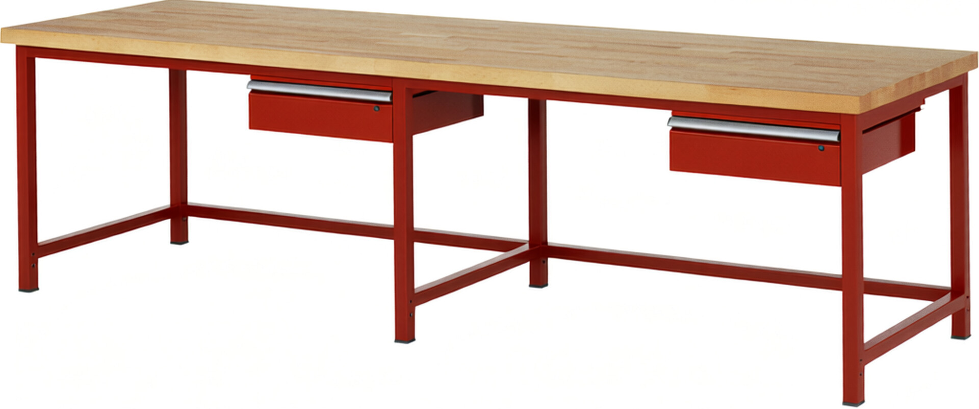 Werkbank Modell 8001 rot, BxTxH 3000x900x840-1040 mm,  Buche-Massiv Arbeitsplatte 40 mm,  2 Schubladen mit  Auszug 90 %