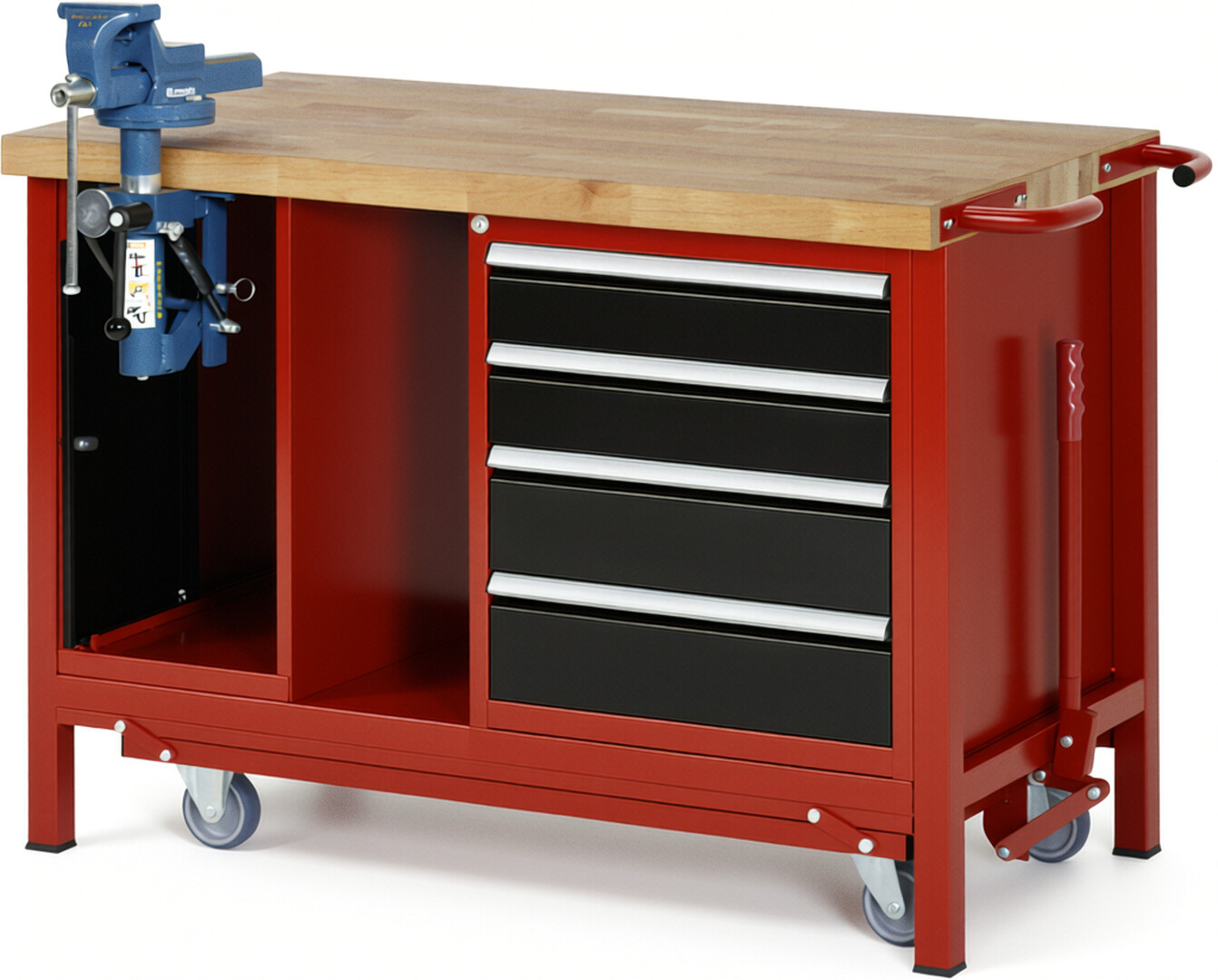 Absenkbare Werkbank Modell 8185 rot - schwarz, BxTxH 1250x700x880 mm,  Buche-Massiv Arbeitsplatte 40 mm,  4 Schubladen mit  Vollauszug 100 % und  SoftClosing