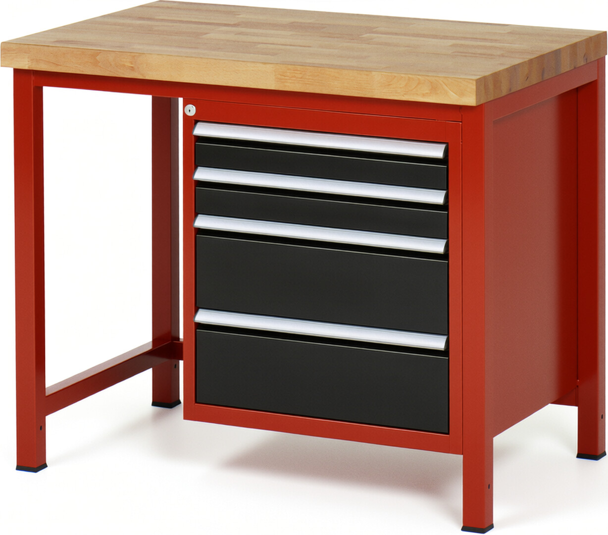 Werkbank Modell 8161 rot - schwarz, BxTxH 1000x700x840-1040 mm,  Buche-Massiv Arbeitsplatte 40 mm,  4 Schubladen mit  Auszug 90 %