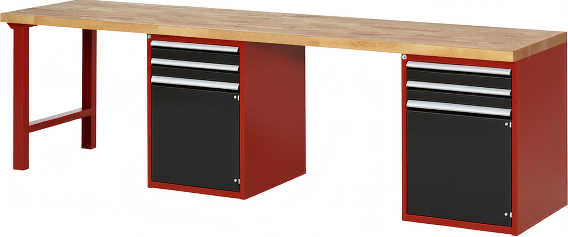 Werkbank Modell 7503 rot - schwarz, BxTxH 3000x700x890 mm,  Buche-Massiv Arbeitsplatte 40 mm,  4 Schubladen mit  Vollauszug 100 % und  SoftClosing