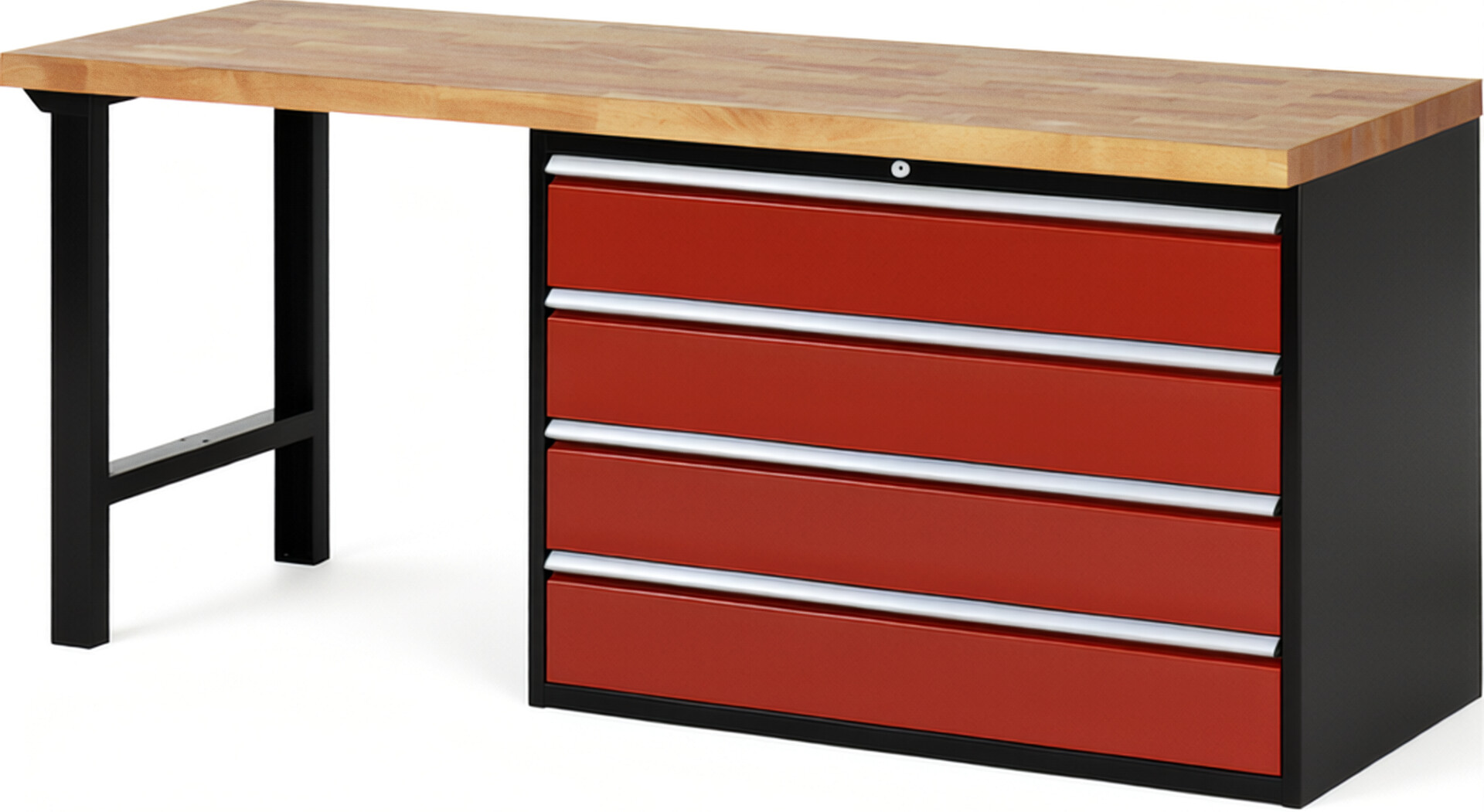 RAU Werkbank schwarz - rot - Breite 200 cm - Tiefe 70 cm - Höhe 89 cm - Buche-Massiv Arbeitsplatte 40 mm