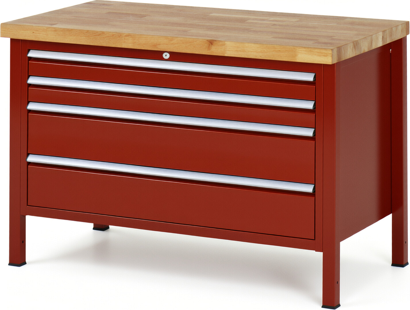 Werkbank Modell 8361 rot, BxTxH 1250x700x840 mm,  Buche-Massiv Arbeitsplatte 40 mm,  4 Schubladen mit  Auszug 90 %