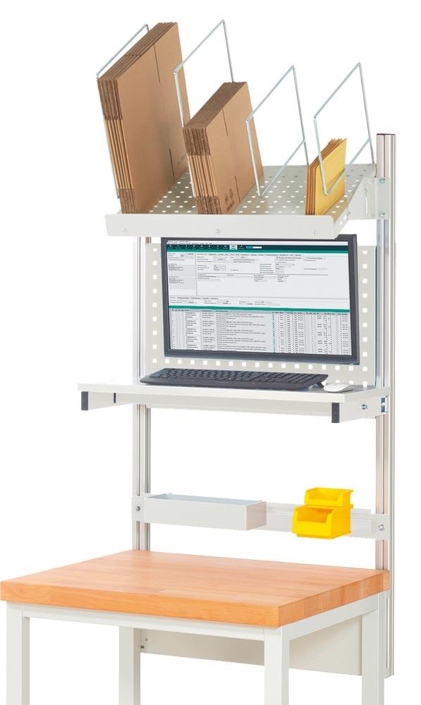 Aufbau für Werkbank B 750 mm mit Etagenbord, Lochplatte H 450 mm, Montageadapter, Kartonagemagazin,Halteschiene, RAL 7035