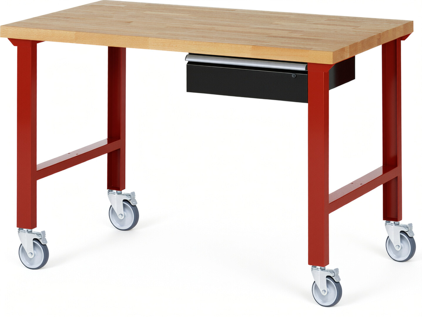 RAU Werkbank rot - schwarz - Breite 150 cm - Tiefe 90 cm - Höhe 100 cm - Buche-Massiv Arbeitsplatte 40 mm