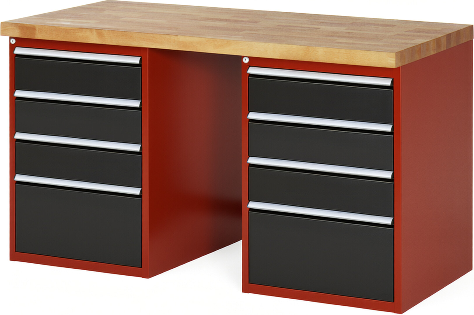 Werkbank Modell 7510 rot - schwarz, BxTxH 1500x700x840 mm,  Buche-Massiv Arbeitsplatte 40 mm,  8 Schubladen mit  Vollauszug 100 % und  SoftClosing