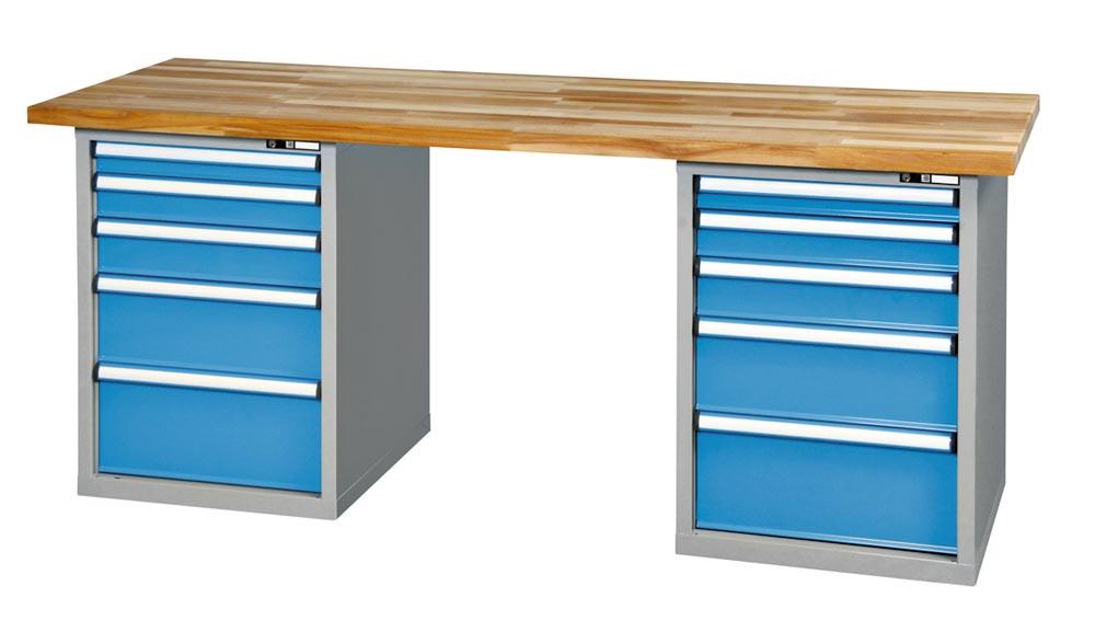 Werkbank, BxTxH 2000x700x880mm, 2 Schubladenblöcke, je 2 Schubladen 75, 100, 125, 200, 250 mm Traglast 800 kg, RAL 7035/5012