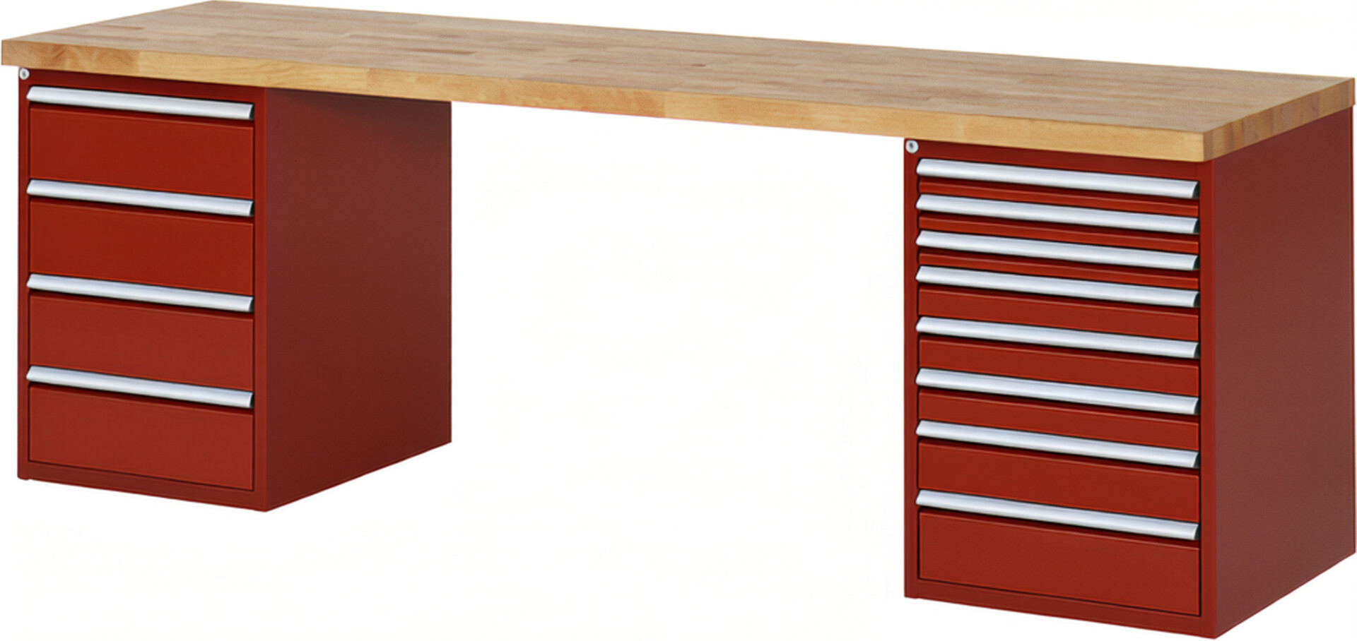 RAU Werkbank rot - Breite 250 cm - Tiefe 70 cm - Höhe 84 cm - Buche-Massiv Arbeitsplatte 40 mm