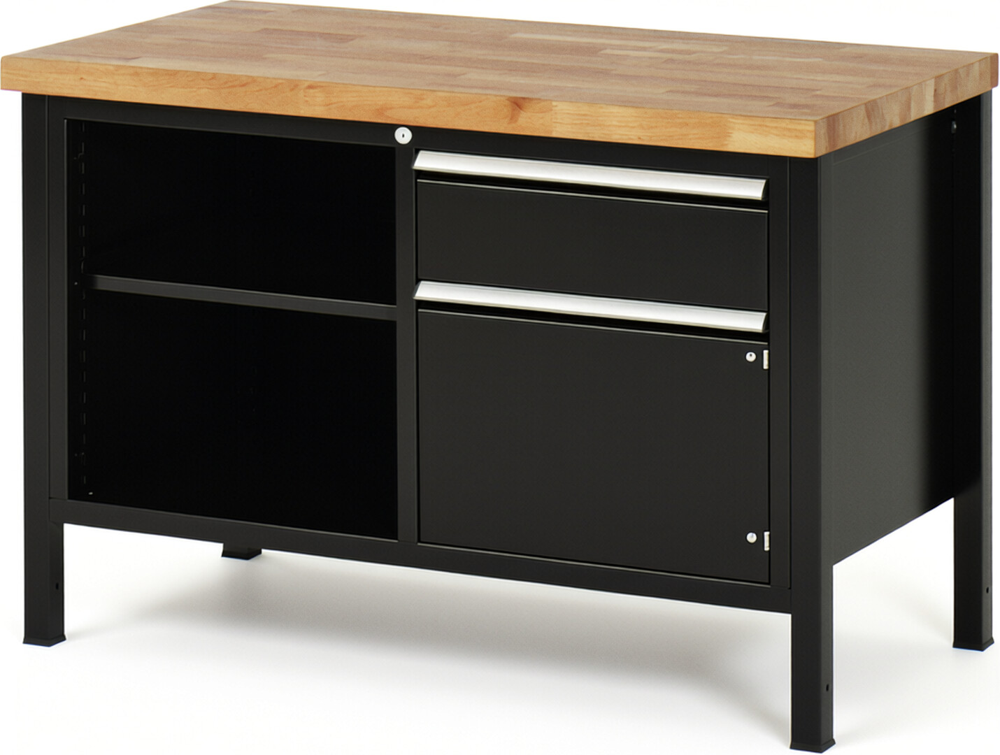 Werkbank Modell 8461 schwarz, BxTxH 1250x700x840 mm,  Buche-Massiv Arbeitsplatte 40 mm,  1 Schublade mit  Auszug 90 %