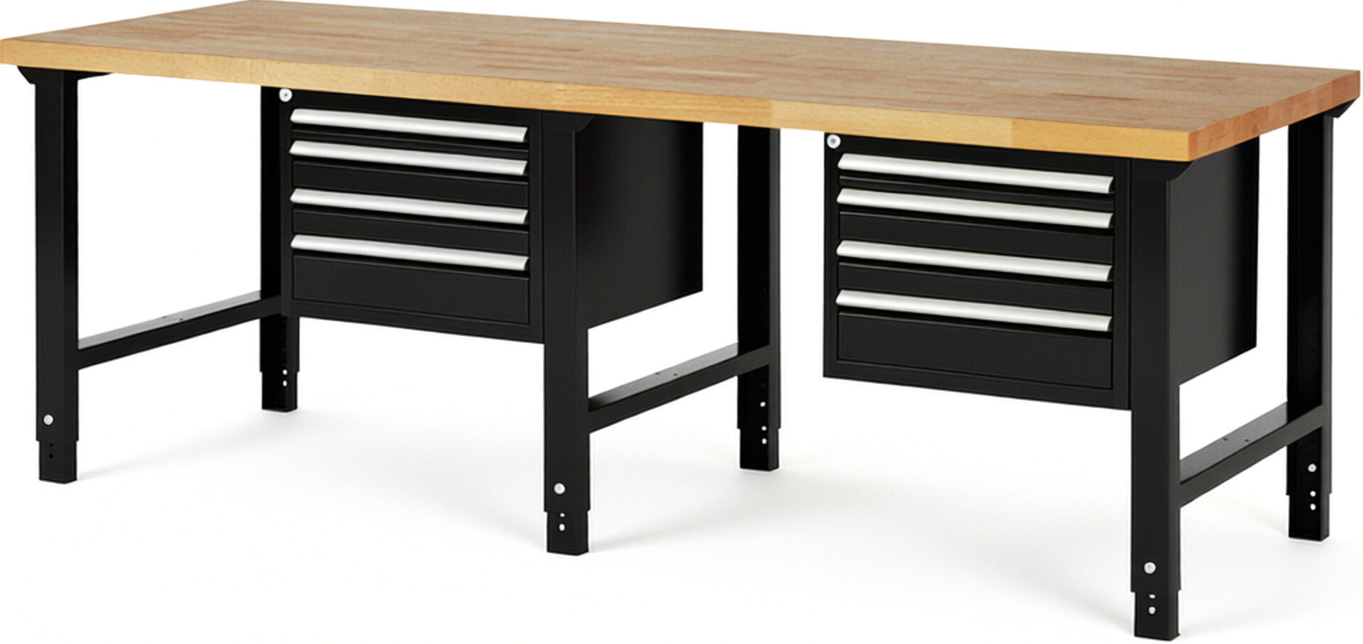 Werkbank Modell 7132 schwarz, BxTxH 2500x900x790-1140 mm,  Buche-Massiv Arbeitsplatte 40 mm,  8 Schubladen mit  Vollauszug 100 % und  SoftClosing