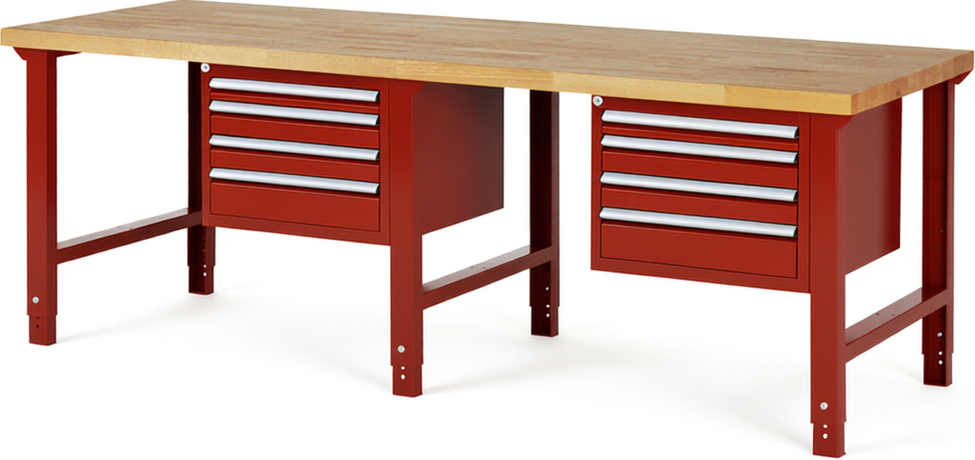 RAU Werkbank rot - Breite 250 cm - Tiefe 90 cm - Höhe 114 cm - Buche-Massiv Arbeitsplatte 40 mm