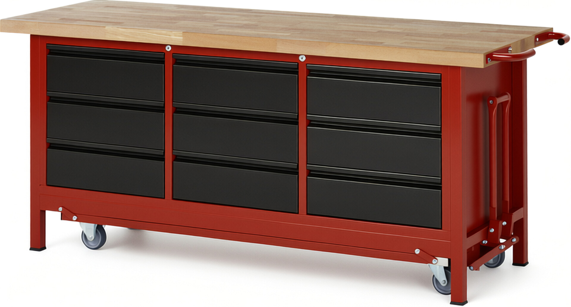 RAU Werkbank rot - schwarz - Breite 200 cm - Tiefe 70 cm - Höhe 88 cm - Buche-Massiv Arbeitsplatte 40 mm