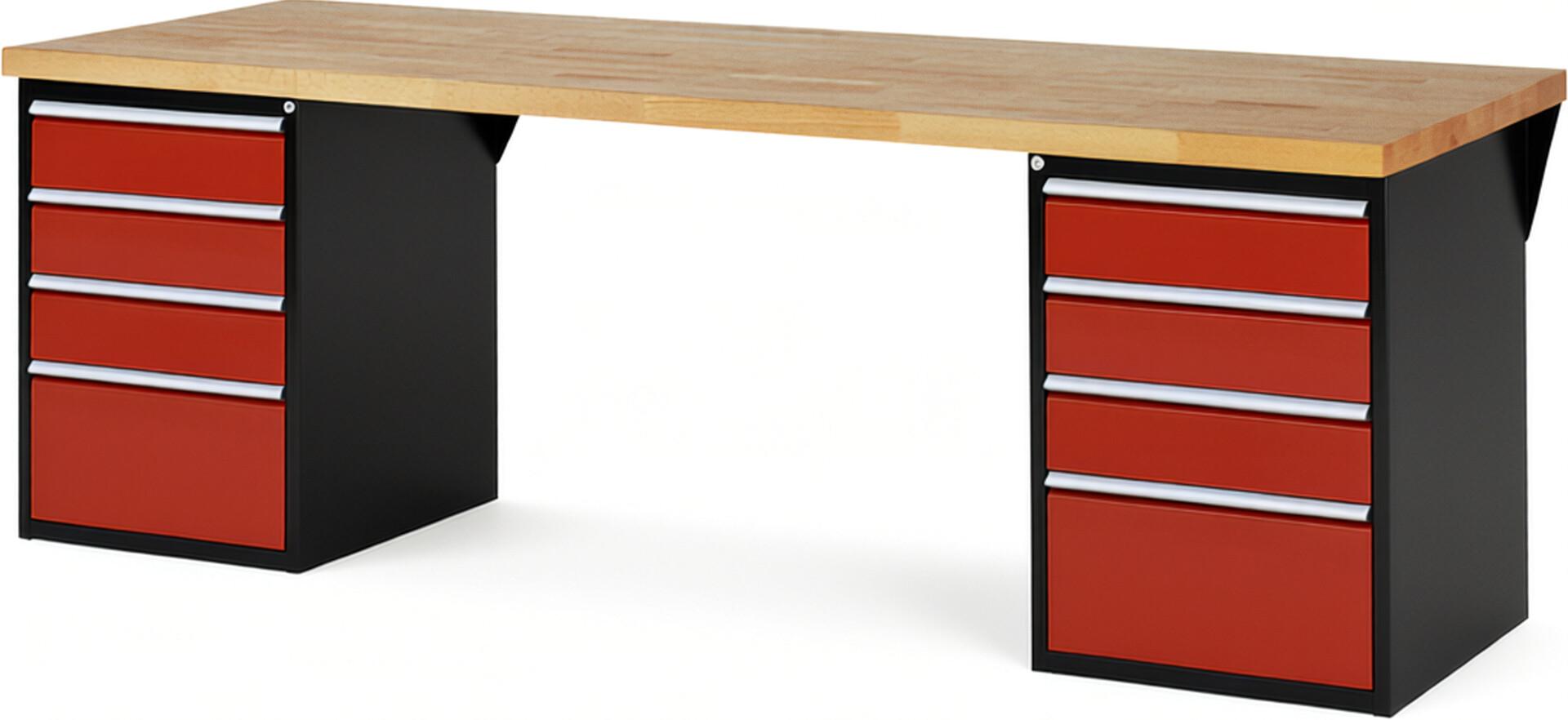 RAU Werkbank schwarz - rot - Breite 250 cm - Tiefe 90 cm - Höhe 89 cm - Buche-Massiv Arbeitsplatte 40 mm