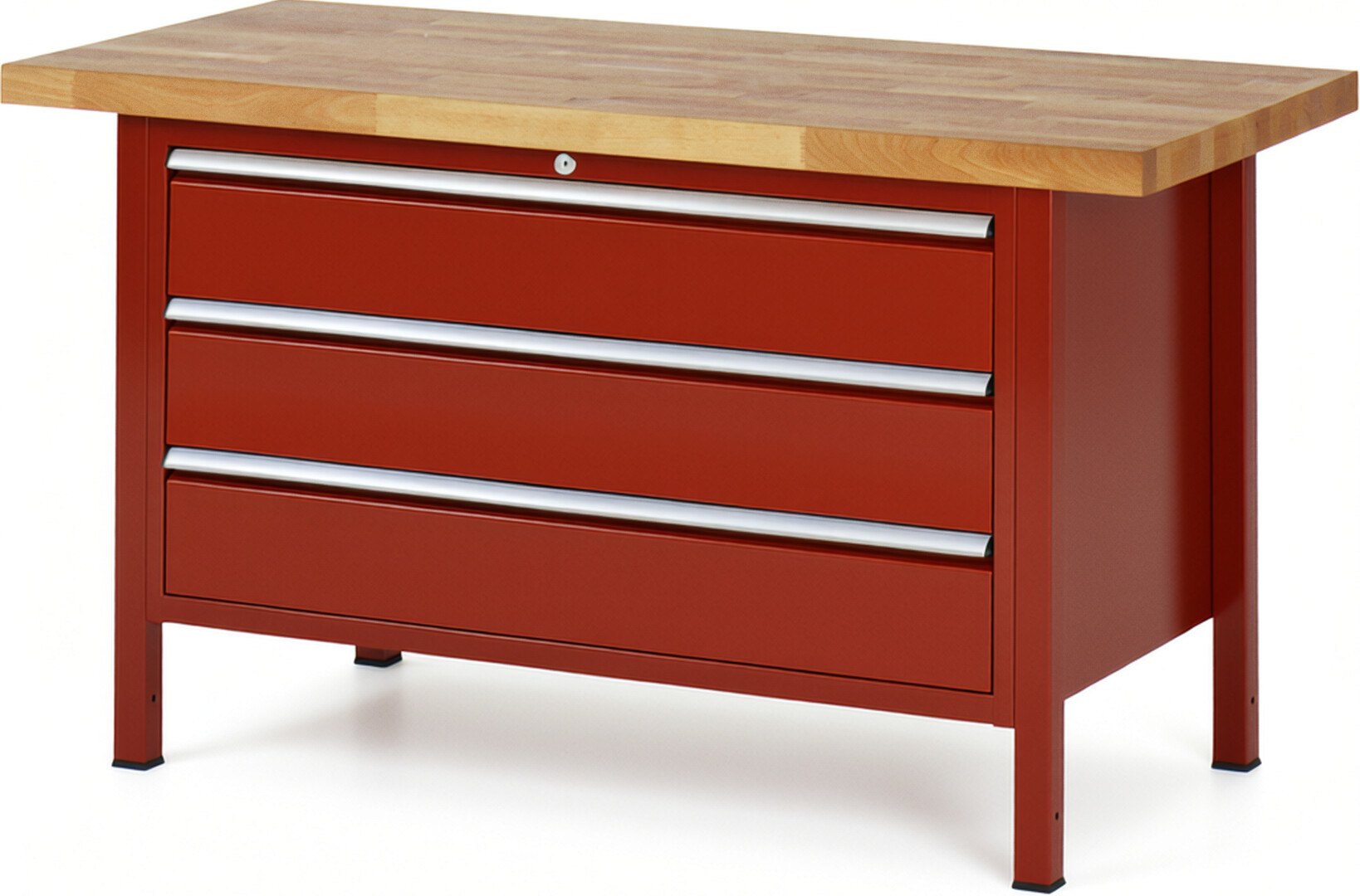 Werkbank Modell 8357 rot, BxTxH 1500x700x840 mm,  Buche-Massiv Arbeitsplatte 40 mm,  3 Schubladen mit  Auszug 90 %