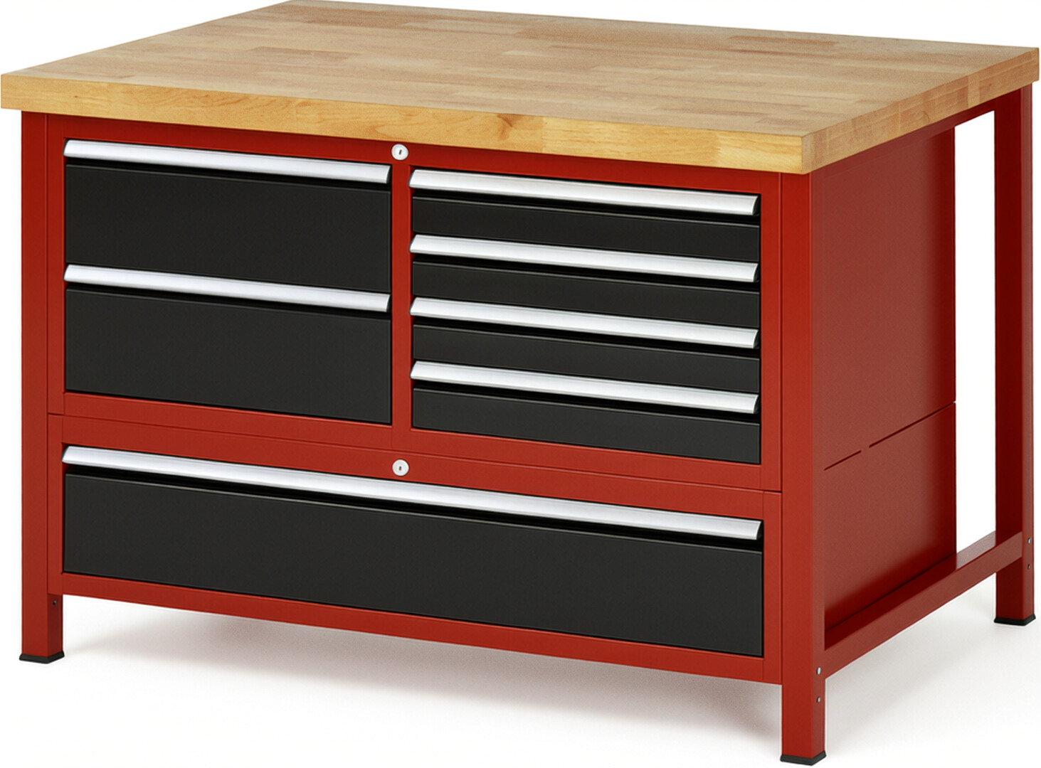 Werkbank Modell 8931 rot - schwarz, BxTxH 1250x900x840-1040 mm,  Buche-Massiv Arbeitsplatte 40 mm,  7 Schubladen mit  Auszug 90 %