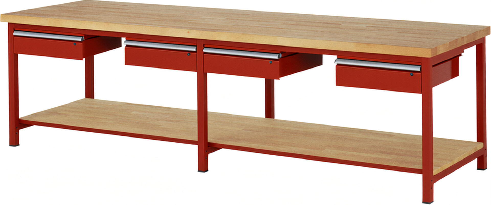 Werkbank Modell 8002 rot, BxTxH 3000x900x840-1040 mm,  Buche-Massiv Arbeitsplatte 40 mm,  4 Schubladen mit  Auszug 90 %