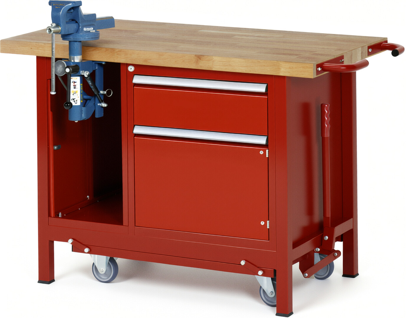 RAU Werkbank rot - Breite 125 cm - Tiefe 70 cm - Höhe 88 cm - Buche-Massiv Arbeitsplatte 40 mm