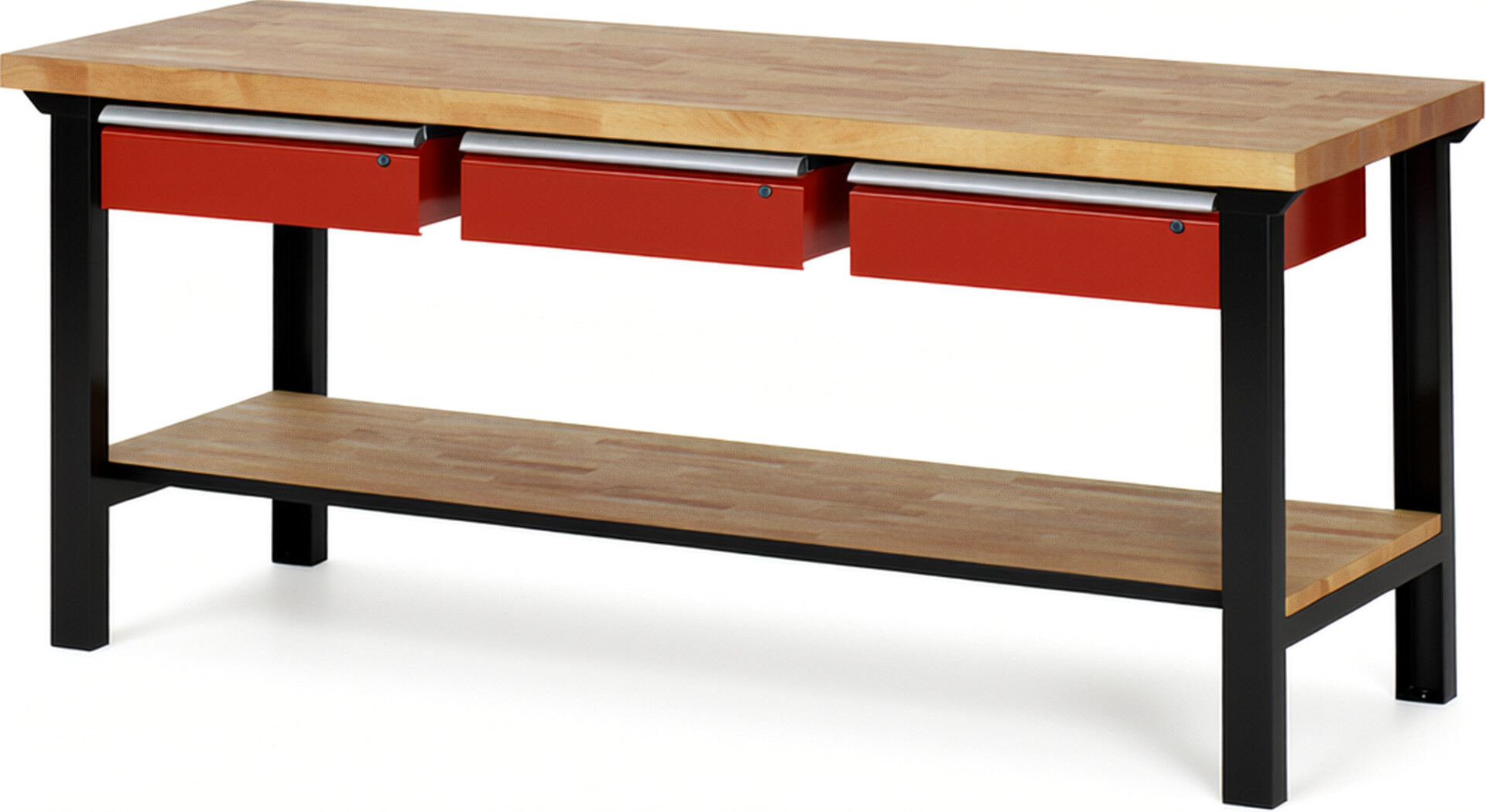 RAU Werkbank schwarz - rot - Breite 200 cm - Tiefe 70 cm - Höhe 84 cm - Buche-Massiv Arbeitsplatte 40 mm