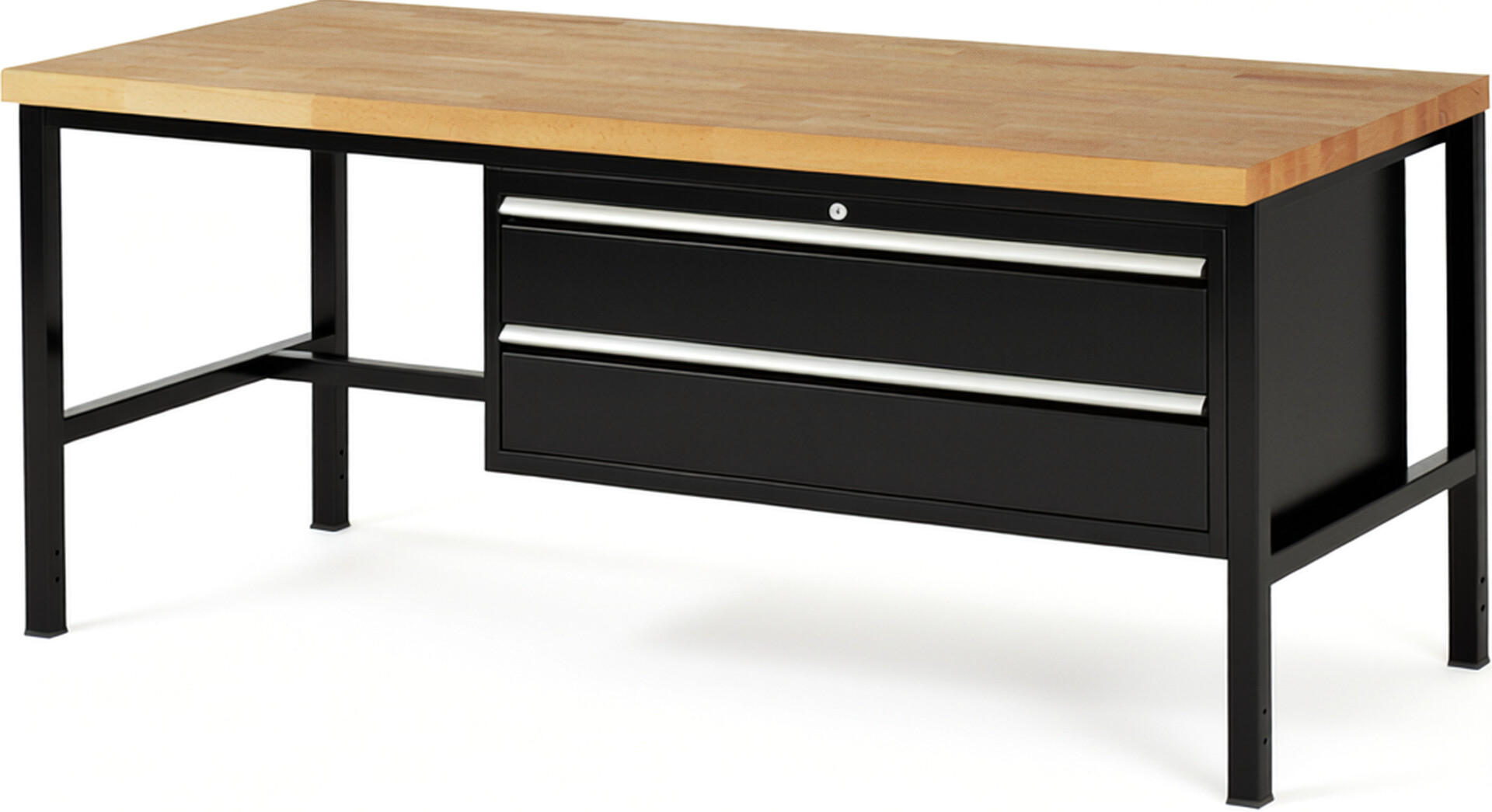 Werkbank Modell 8325 schwarz, BxTxH 2000x900x840 mm,  Buche-Massiv Arbeitsplatte 40 mm,  2 Schubladen mit  Vollauszug 100 % und  SoftClosing