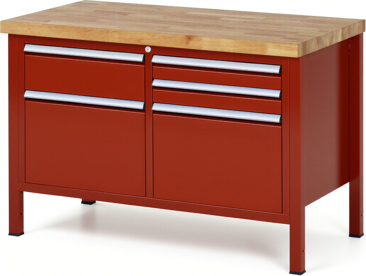 Werkbank Modell 8472 rot, BxTxH 1250x700x840-1040 mm,  Buche-Massiv Arbeitsplatte 40 mm,  5 Schubladen mit  Vollauszug 100 % und  SoftClosing