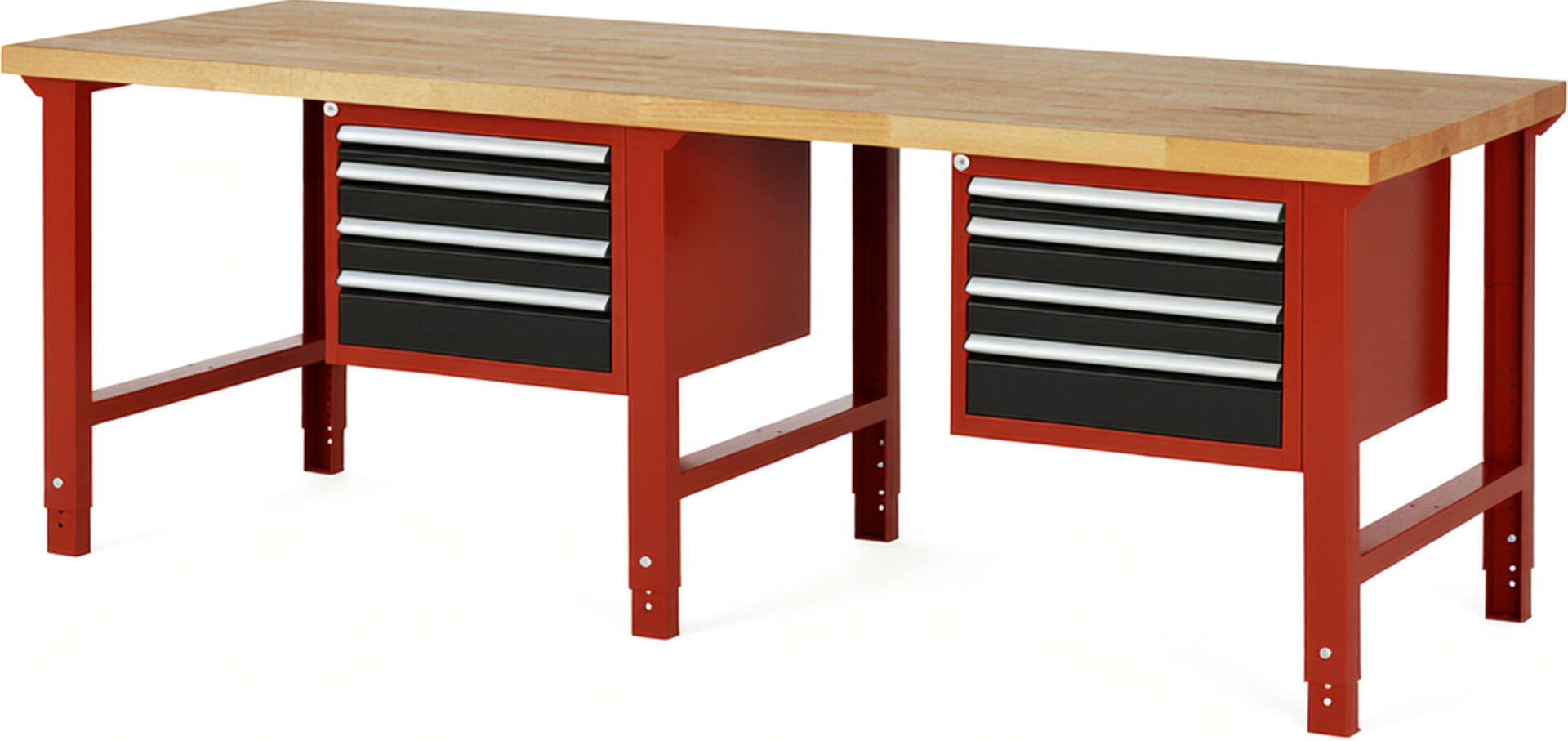 Werkbank Modell 7132 rot - schwarz, BxTxH 2500x900x790-1140 mm,  Buche-Massiv Arbeitsplatte 40 mm,  8 Schubladen mit  Vollauszug 100 % und  SoftClosing