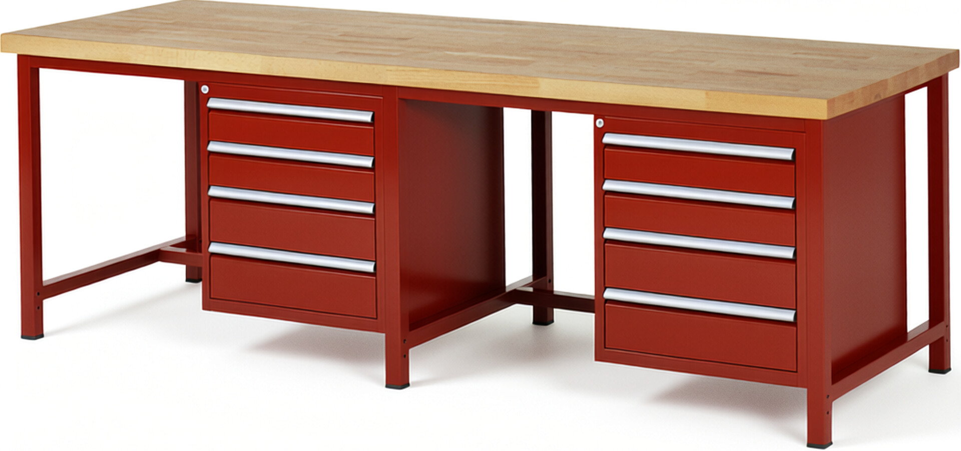 Werkbank Modell 8162 rot, BxTxH 2500x900x840-1040 mm,  Buche-Massiv Arbeitsplatte 40 mm,  8 Schubladen mit  Auszug 90 %