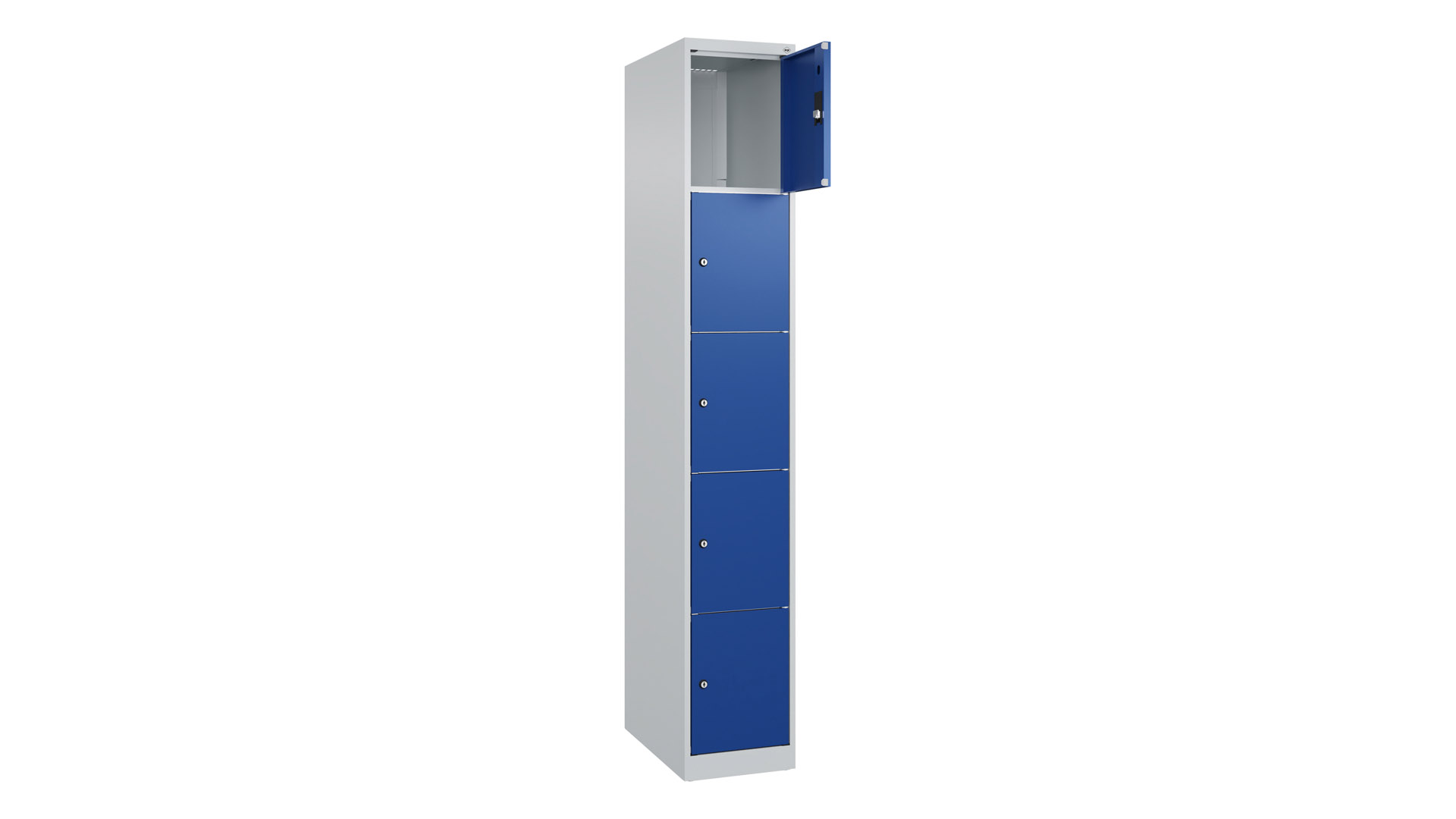 Fächerschrank, BxTxH 300x500x1.850 mm, 1x5 Fächer, Abteilbreite 300 mm, bodenstehend, Schloss, glatte Türen, RAL 7035/5010