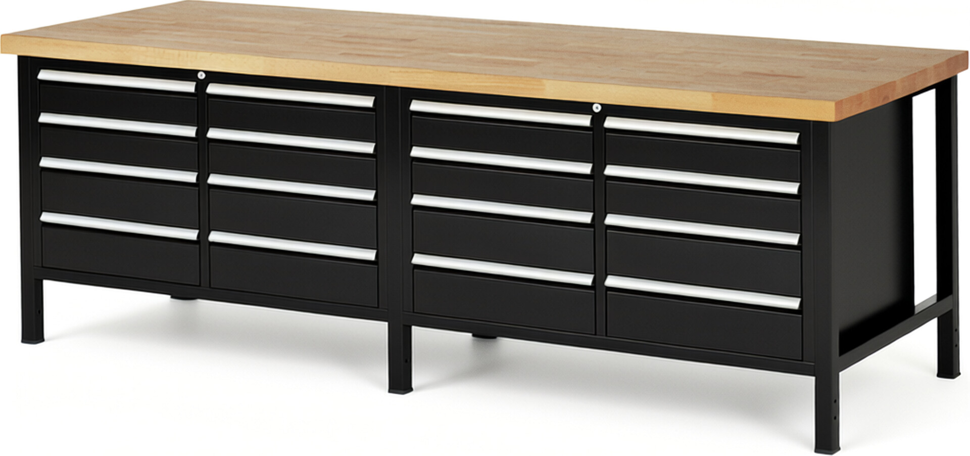 Werkbank Modell 8477 schwarz, BxTxH 2500x900x840-1040 mm,  Buche-Massiv Arbeitsplatte 40 mm,  16 Schubladen mit  Auszug 90 %