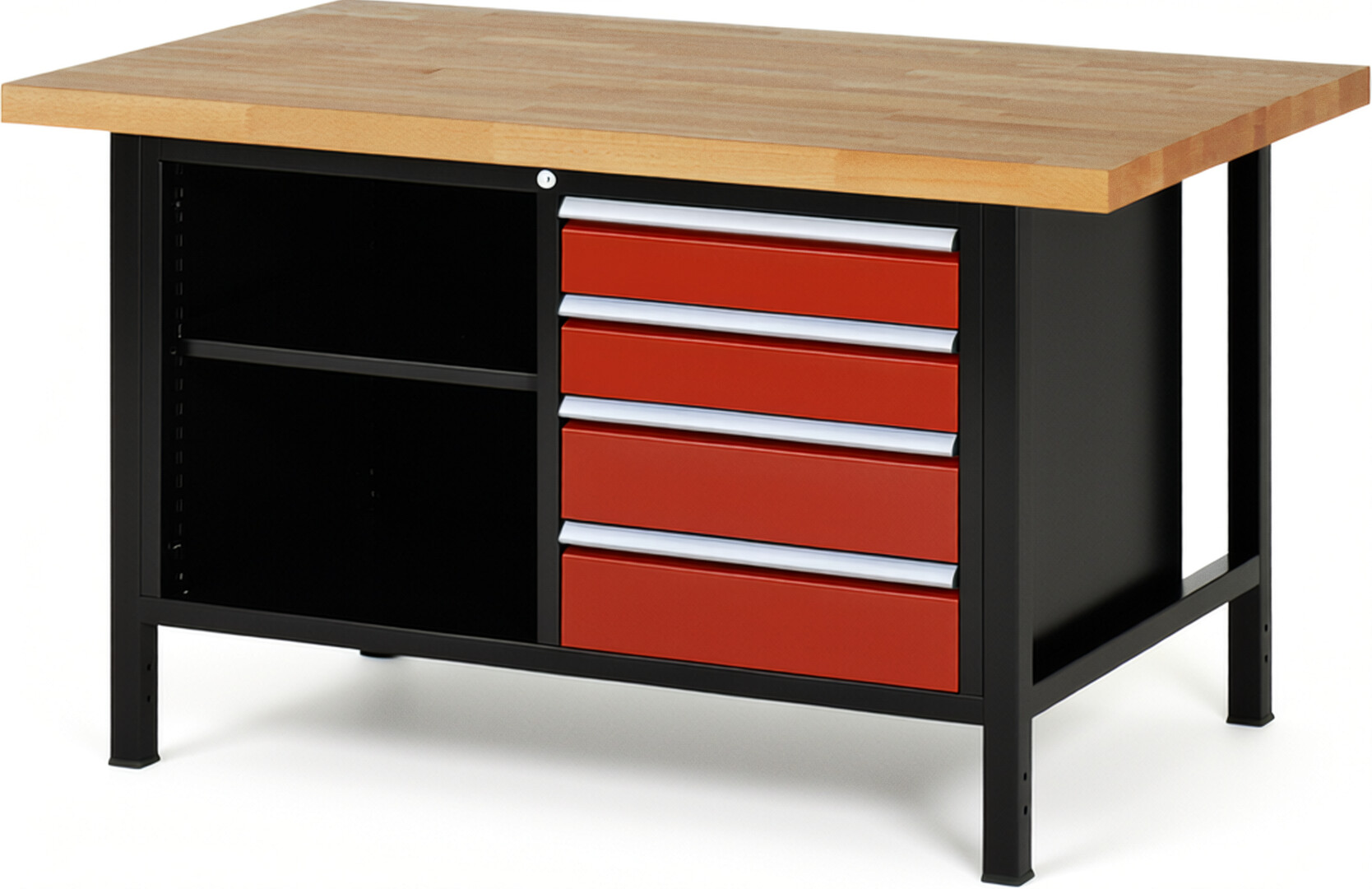 RAU Werkbank schwarz - rot - Breite 150 cm - Tiefe 90 cm - Höhe 84 cm - Buche-Massiv Arbeitsplatte 40 mm