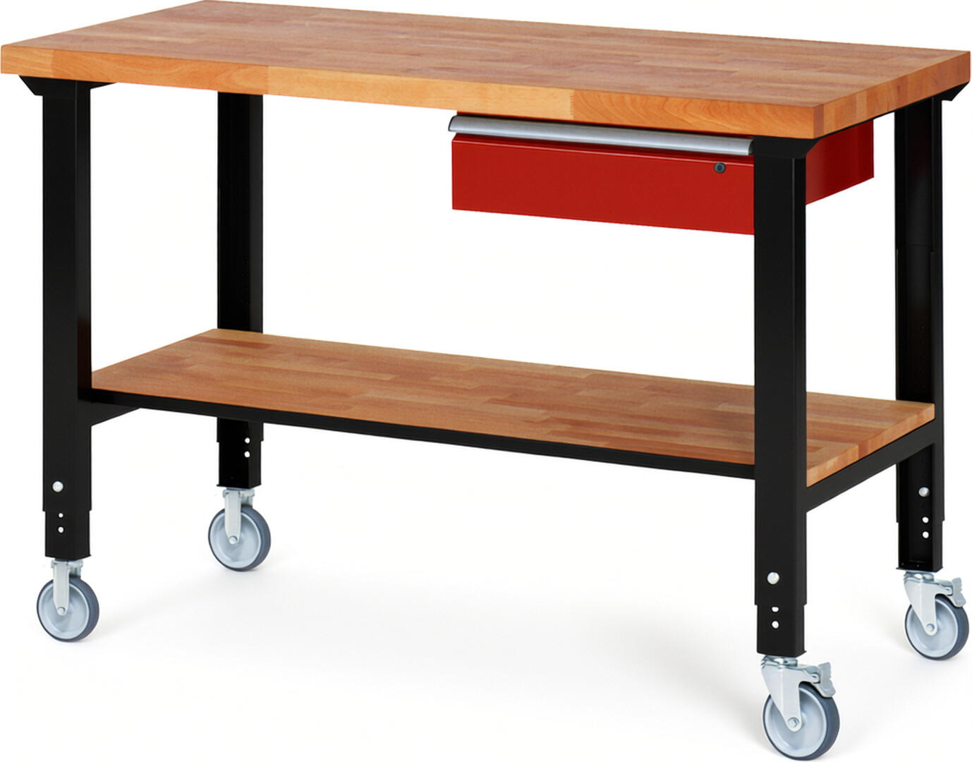 Fahrbare Werkbank Modell 7001 schwarz-rot, BxTxH 1500x700x950-1000 mm,  Buche-Massiv Arbeitsplatte 40 mm,  1 Schublade mit  Auszug 90 %