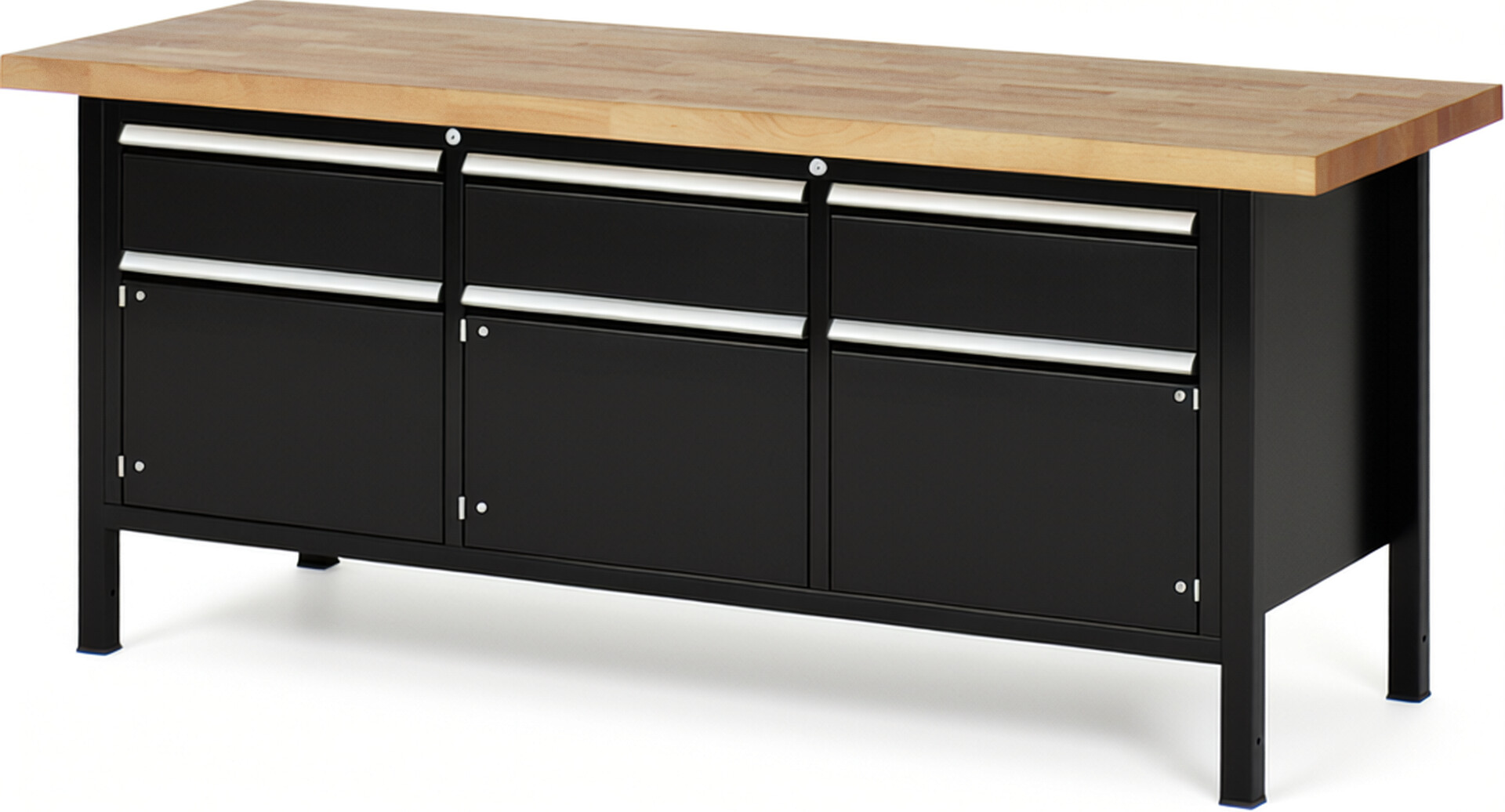 RAU Werkbank schwarz - Breite 200 cm - Tiefe 70 cm - Höhe 104 cm - Buche-Massiv Arbeitsplatte 40 mm