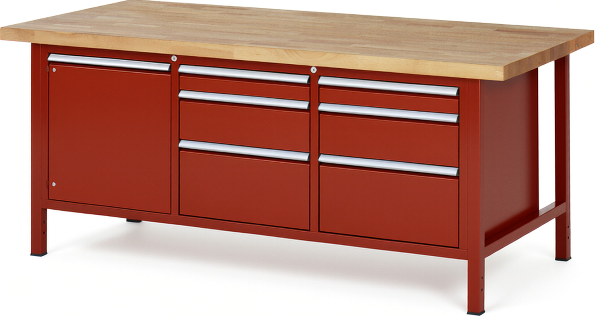 Werkbank Modell 8570 rot, BxTxH 2000x900x840-1040 mm,  Buche-Massiv Arbeitsplatte 40 mm,  6 Schubladen mit  Auszug 90 %