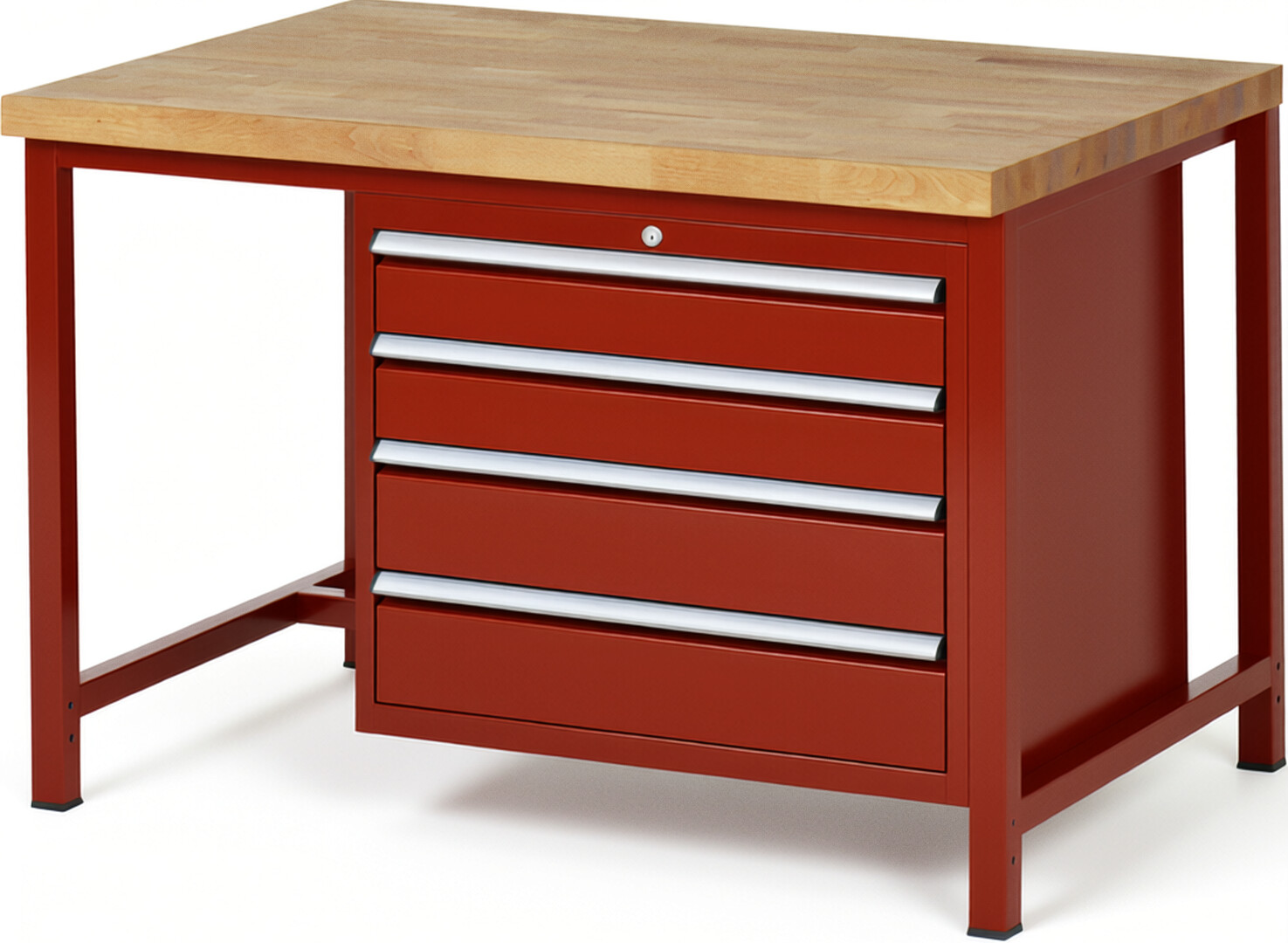 Werkbank Modell 8262 rot, BxTxH 1250x900x840-1040 mm,  Buche-Massiv Arbeitsplatte 40 mm,  4 Schubladen mit  Auszug 90 %