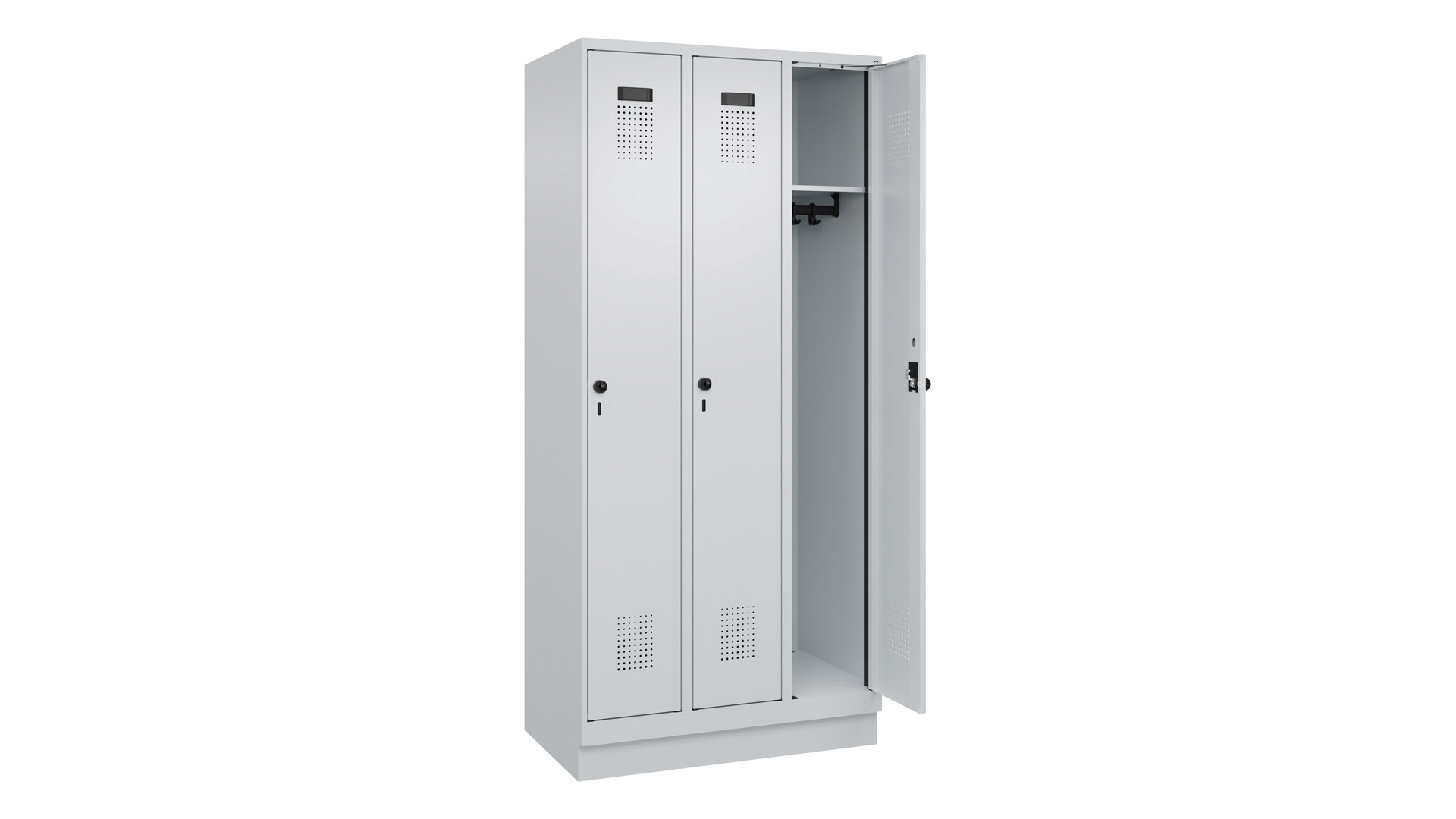 Garderobenschrank - Spind, Sockel, 3 Abteile, Abteilbreite 300 mm, Drehriegel, BxTxH 900x500x1950 mm, RAL 7035