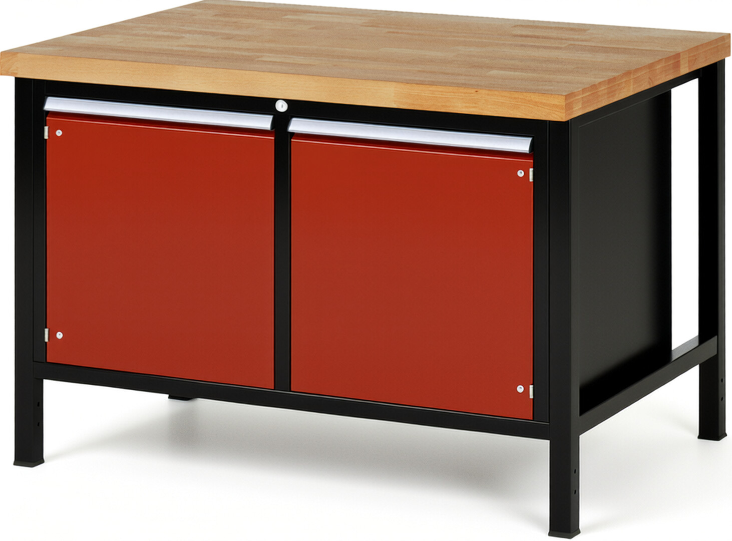 RAU Werkbank schwarz - rot - Breite 125 cm - Tiefe 90 cm - Höhe 104 cm - Buche-Massiv Arbeitsplatte 40 mm