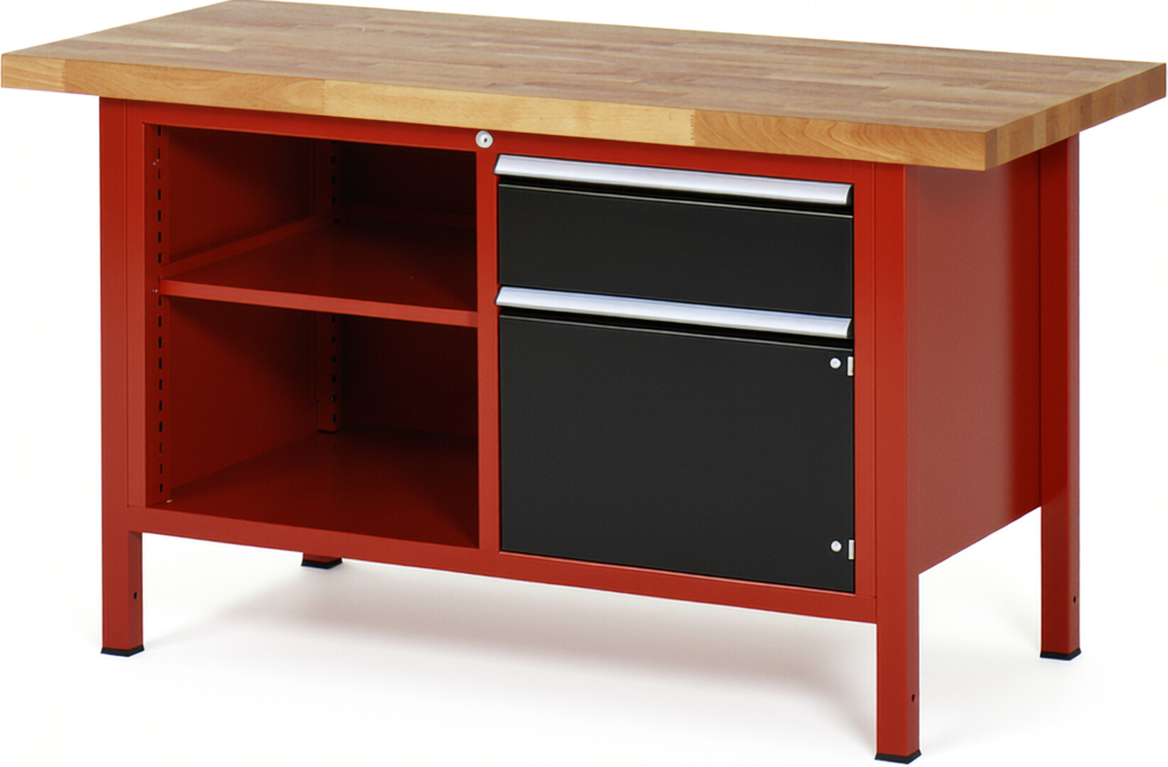 Werkbank Modell 8461 rot - schwarz, BxTxH 1500x700x840-1040 mm,  Buche-Massiv Arbeitsplatte 40 mm,  1 Schublade mit  Vollauszug 100 % und  SoftClosing