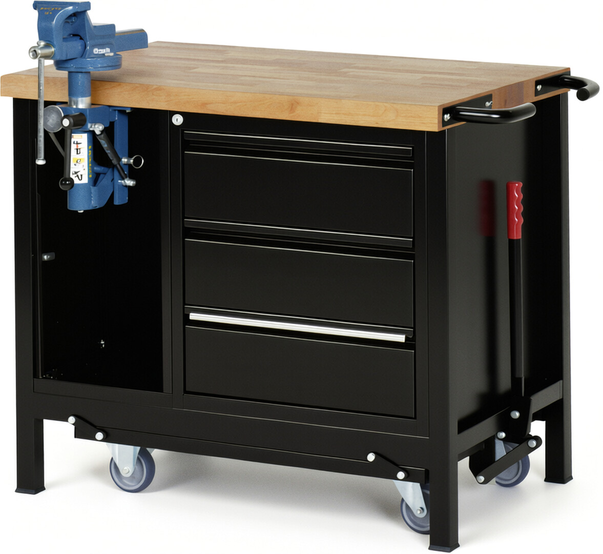 Absenkbare Werkbank - Modell 8183 BASIC schwarz, BxTxH 1000x700x880 mm,  Buche-Massiv Arbeitsplatte 40 mm,  3 Schubladen mit  Auszug 90 %